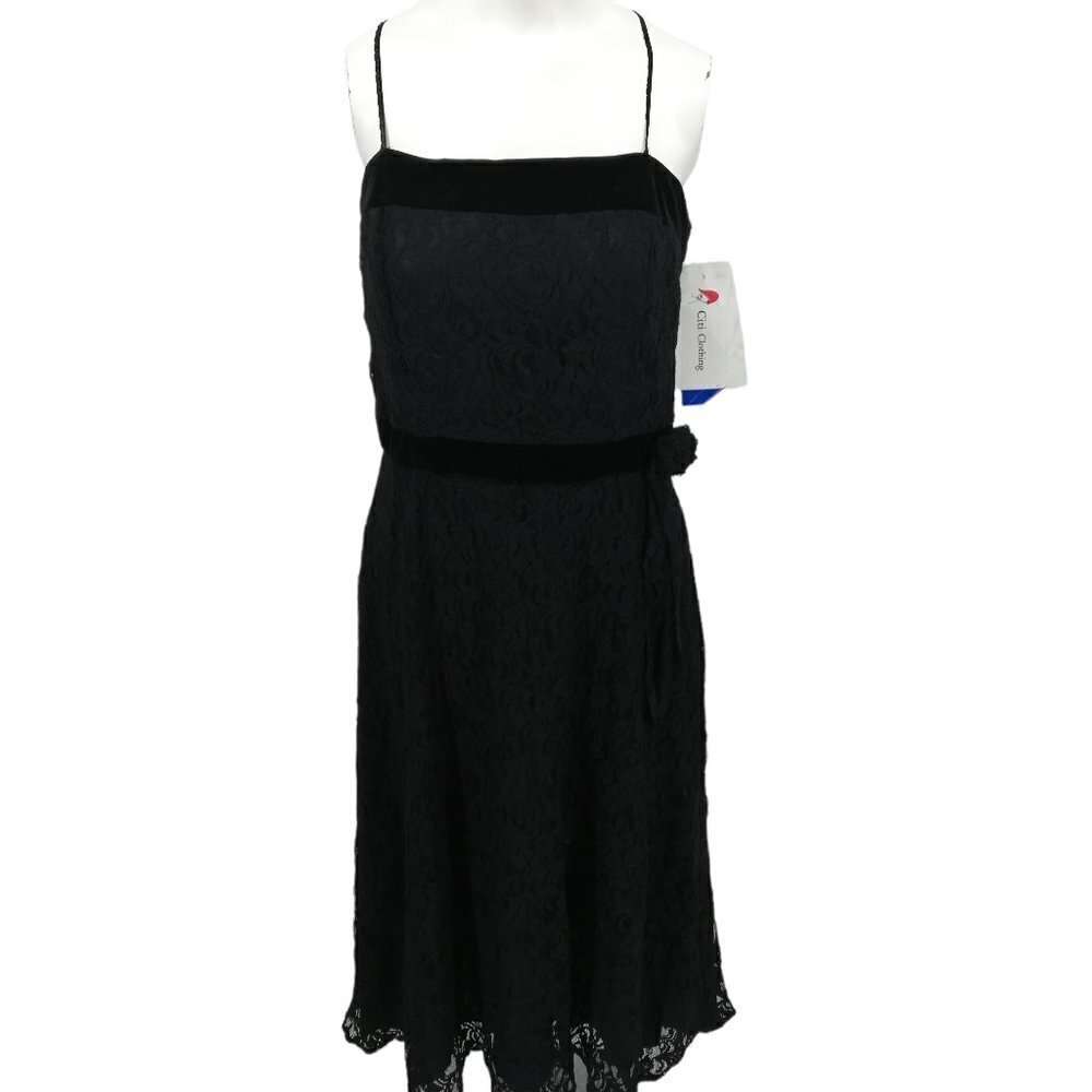 Vintage Black Lace Velvet Spaghetti Strapless Party Dress Size 16 Y2K Midi New